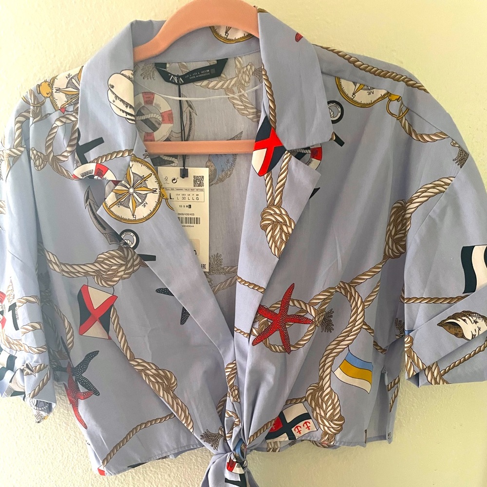 Zara nautical tie front top Large NWT